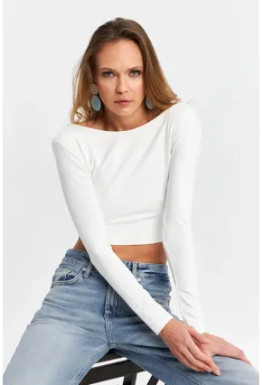 Kadın Beyaz Sırtı Açık Crop Bluz EV21