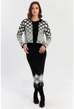 Kadın Beyaz-Siyah Desenli İkili Triko Takım NUV42