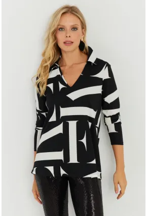 Kadın Beyaz-Siyah Desenli Polo Yaka Bluz AYD240
