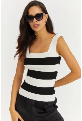 Kadın Beyaz-Siyah Kare Yaka Triko Bluz YV80