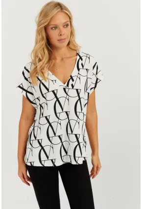 Kadın Beyaz-Siyah V Yaka Desenli Bluz AYD293