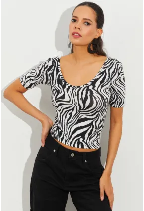 Kadın Beyaz-Siyah Zebra Desenli Bluz LPP1224