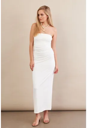 Kadın Beyaz Straplez Büzgülü Midi Elbise MX2005