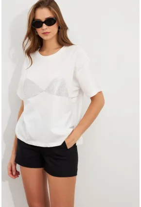 Kadın Beyaz Straslı Oversize T-Shirt TPG13