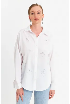 Kadın Beyaz Taşlı Gömlek MZER426
