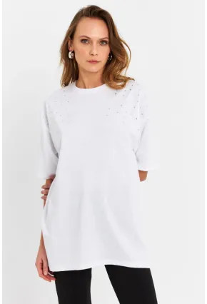 Kadın Beyaz Taşlı Salaş T-Shirt MTF0002