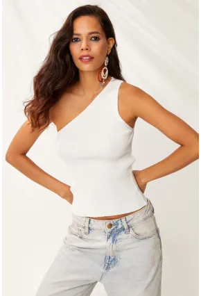 Kadın Beyaz Tek Omuz Triko Bluz YV90