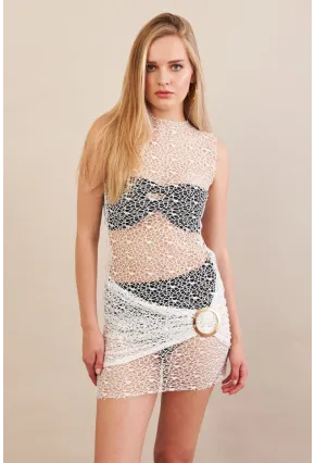 Kadın Beyaz Tokalı Mini Dantel Plaj Elbisesi