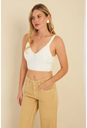 Kadın Beyaz Triko Crop Bluz KZ2507