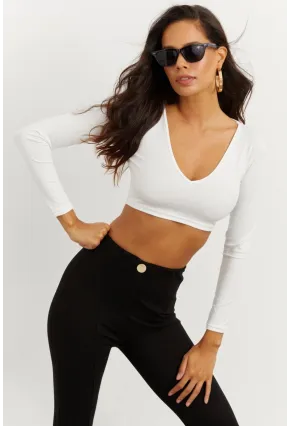 Kadın Beyaz V Yaka Crop Bluz CG265