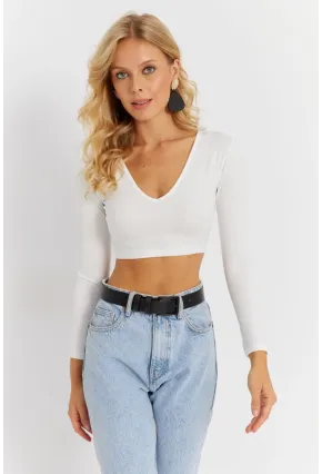 Kadın Beyaz V Yaka Crop Bluz CG368