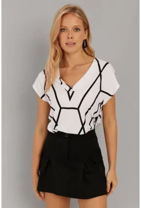 Kadın Beyaz V Yaka Desenli Bluz AYD293