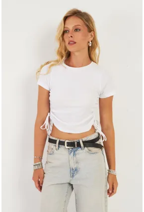 Kadın Beyaz Yanları Büzgülü Kaşkorse Bluz AYD355