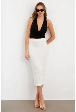 Kadın Beyaz Yırtmaçlı Bürümcük Midi Etek ZH329