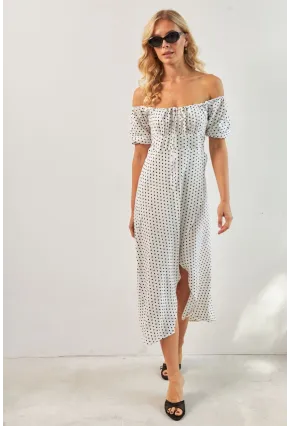 Kadın Beyaz Yırtmaçlı Desenli Midi Elbise KED0243