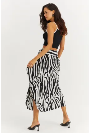 Kadın Beyaz Zebra Desenli Asimetrik Etek LV81