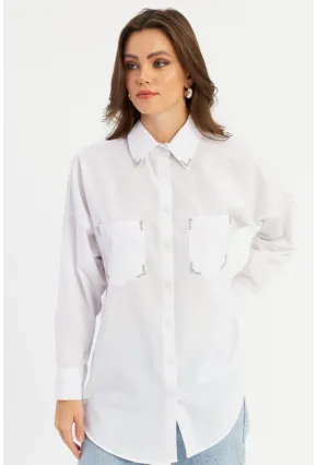 Kadın Beyaz Zımbalı Gömlek MASF2