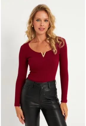 Kadın Bordo Aksesuarlı Kaşkorse Bluz RLO17