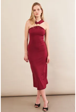 Kadın Bordo Aksesuarlı Midi Elbise İRE101