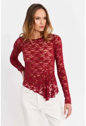 Kadın Bordo Asimetrik Dantel Bluz MTK13288