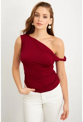 Kadın Bordo Asimetrik Kol Bluz VA100