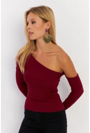 Kadın Bordo Asimetrik Kollu Kaşkorse Bluz HOR1