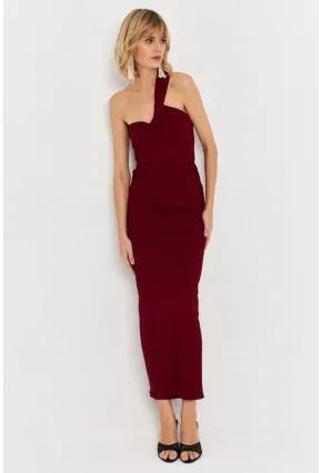 Kadın Bordo Asimetrik Yaka Maxi Elbise NH25455