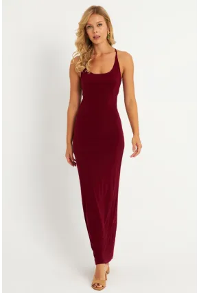 Kadın Bordo Ayarlanabilir Askılı Maxi Elbise MEN2004