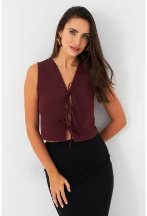 Kadın Bordo Bağlama Detaylı Astarlı Yelek ELA6645