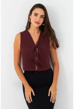 Kadın Bordo Bağlama Detaylı Astarlı Yelek ELA6645