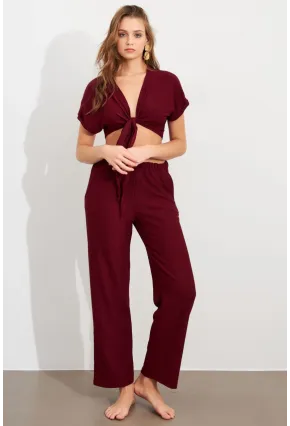 Kadın Bordo Bağlamalı Bürümcük Takım Q1012
