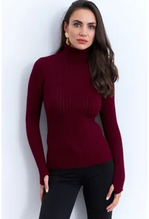 Kadın Bordo Balıkçı Yaka Triko Bluz YV102-90