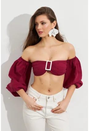 Kadın Bordo Balon Kol Crop Bluz ROP111
