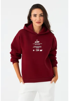Kadın Bordo Baskılı Kapüşonlu Sweatshirt DY1451