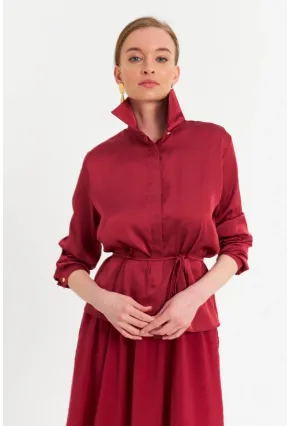 Kadın Bordo Beli Bağlamalı Saten Gömlek MMRS4212