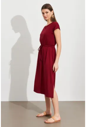 Kadın Bordo Beli Büzülebilir Midi Elbise MURO1193