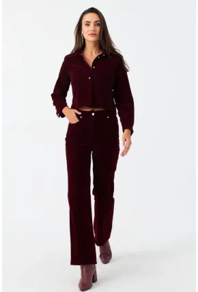 Kadın Bordo Beli Lastikli Kadife Pantolon CAR1076