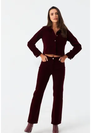 Kadın Bordo Beli Lastikli Kadife Pantolon CAR1076