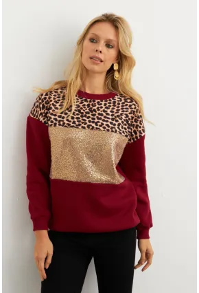 Kadın Bordo Bloklu Sweatshirt MST098