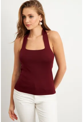 Kadın Bordo Boyundan Bağlamalı Triko Bluz YV356