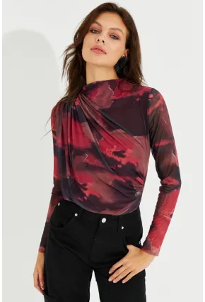 Kadın Bordo Büzgülü Astarlı Tül Bluz LPP1231