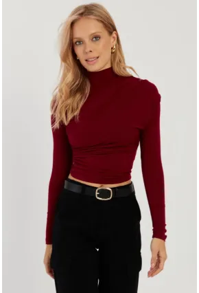 Kadın Bordo Büzgülü Kısa Bluz MEN2023-90