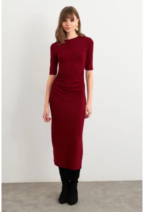 Kadın Bordo Büzgülü Yırtmaçlı Tshırt Elbise FS9594