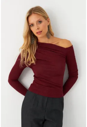 Kadın Bordo Çapraz Yaka Simli Bluz ERL10060
