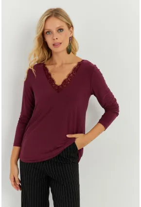 Kadın Bordo Dantel Detaylı Bluz AYD264