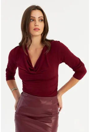 Kadın Bordo Degaje Yaka Büzgülü Bluz FRY2248
