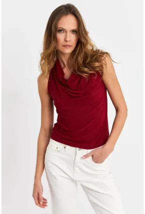 Kadın Bordo Degaje Yaka Kolsuz Bluz LPP1226-90