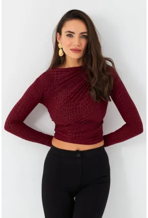 Kadın Bordo Desenli Büzgülü Bluz LPP1279