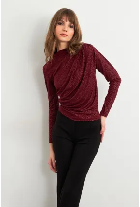 Kadın Bordo Desenli Büzgülü Bluz LPP1299