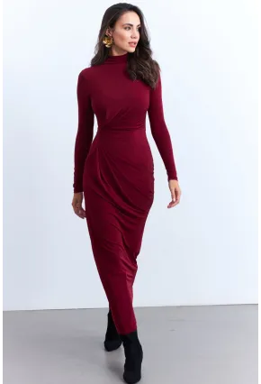 Kadın Bordo Drapeli Maxi Elbise MLİK12